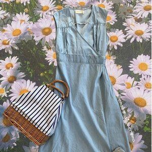 Maison Hotel Chambray Wrap Dress with Embroidered Flowers